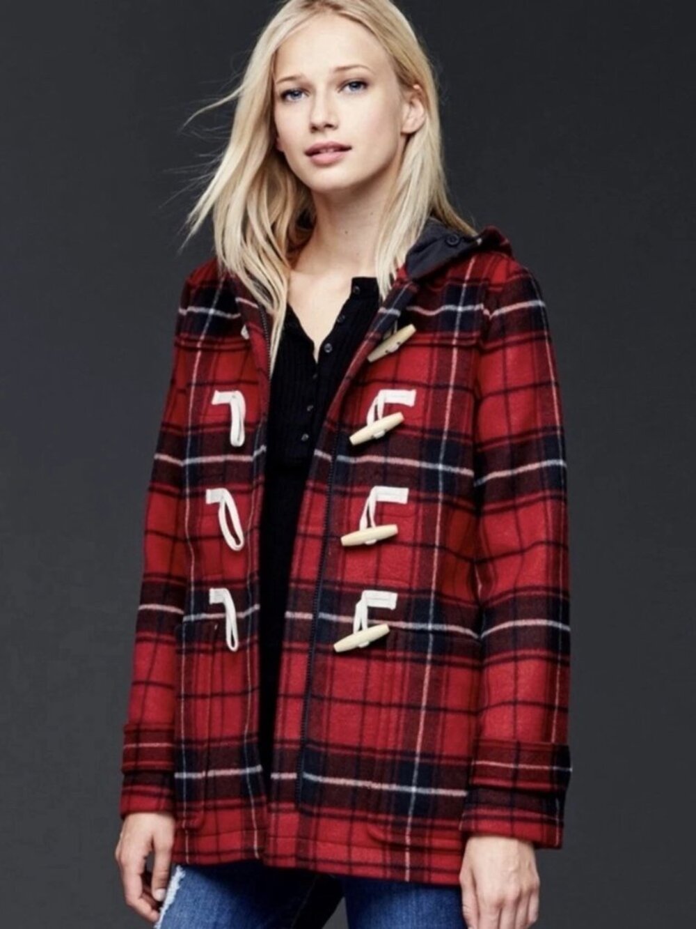 🧥 GAP Plaid Wool Toggle Coat Red Black Women's Medium Hooded Duffle Jacket 🧥